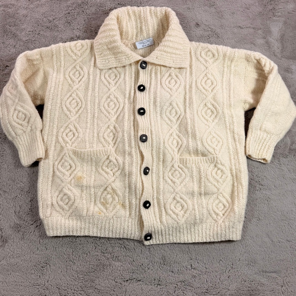 Hand Knit Wool Cable Knit Cardigan L Sweater Cleo Ireland Cream Fisherman Chunky